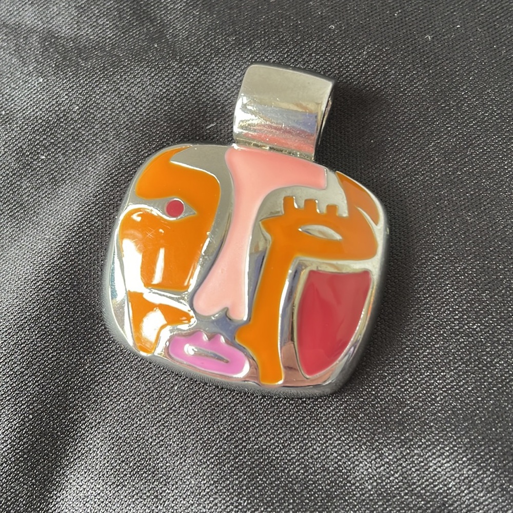 Lia Sophia Pablo Pendant Necklace RARE Enameled Face Abstract